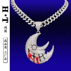 A full diamond Cuban necklace set with hip-hop silver moon pendant for trendy men's versatile accessories