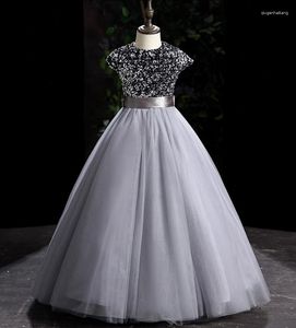 Vestidos de menina iridescente cinza cinto arco impressão até o chão crianças 3d flor festa zíper sem mangas princesa tanque bonito floral