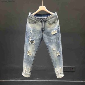 Erkekler Kot 2023 İlkbahar/Yaz Yeni Erkek Moda Mavi Yırtık Stretch Jeans Erkekler Sıradan İnce Konforlu Büyük Boyut Yüksek Kaliteli Pantolon 28-36 L230927