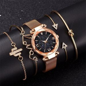 Модные женские часы-браслет, комплект из 5 шт., роскошные женские часы из розового золота, звездное небо, магнитная пряжка, подарочные часы для женщин 201204216Z