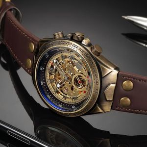 Estilo retro masculino relógio mecânico automático esqueleto steampunk pulseira de couro genuíno dos homens auto enrolamento relógios de pulso masculino reloj 201112199