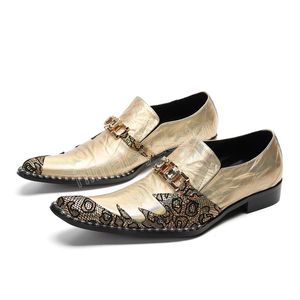 Feito à mão novos estilos de sapatos de vestido para homens ouro couro genuíno apontou toe apartamentos correntes de cristal decoração homem oxfords zapatos hombre