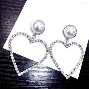 Stud Earrings Crystal 2023 Big Heart For Women Faux Pearl Decorated Trendy Jewelry Party Statement Pendientes Fine Gifts