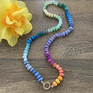 Chokers Opal chrysoprase green onyx moonstone Lily Tropical Rainbow Silk Knotted Open Loop Necklace colourful natural stone beaded 230927