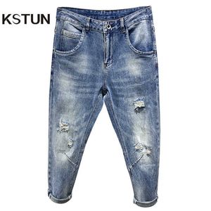 Herren-Jeans, zerrissene Jeans für Herren, hellblau, Stretch-Haremshose, verkürzte Herrenhose, knöchellang, Distressed, ausgefranst, Hip-Hop-Jeans, Herrenkleidung, J230926