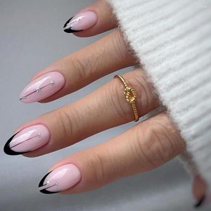 False Nails 24Pcs Crystal Long Almond French Black Press On Pink Color Fake Nials DIY Manicure Detachable Nail Tips