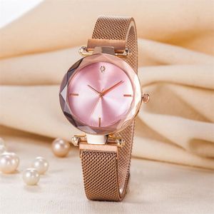 Popular marca de moda feminina menina cor ouro rosa metal banda aço fivela magnética estilo quartzo relógio pulso di 03268k