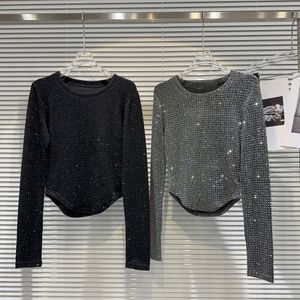 Kvinnors höst O-Neck Rhinestone Patchwork Shinny Long Sleeve T-shirts Tops