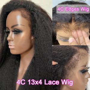 Kinky Straight Human Hair Wigs Glueless 4C Kinky Edges 13x4 HD Lace Frontal Wig 150 Density Yaki Straight Lace Front Wig on Sale