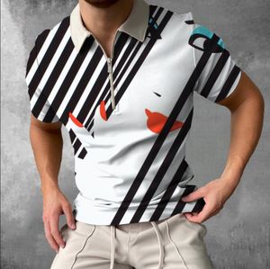 DIY Clothing Customized Tees & Polos Women's black and white striped print Fashion printed short sleeved men's flip tie, zippered polo suit, casual T-shirt