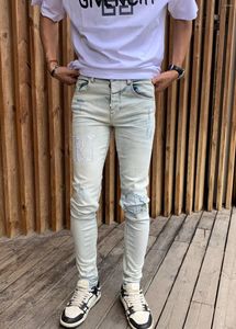 Herren Jeans Ankunft Mode Stil Helle Farbe Mann Zerrissene Strass Am Knie Slim Stretch Patch Denim Hosen Hosen