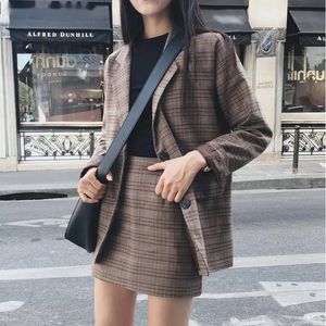 Two Piece Dress Retro Plaid Blazer Set Single-breasted Jacket Pencil Skirt 2 Pieces Skirt Suit Female Office Ladies Blazer Suit 230927