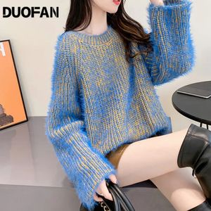 Kadın Sweaters Duofan Lady's Tiftik Mavi Sweater Kadınlar O yaka gevşek kazak kpop jumper örgü üst harajuku bölünmüş gevşek şık kazak 230927