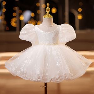 White Lace Flower Girl Dresses Princess Ball Gown Tulle Pearls Beaded Lilttle Kids Pageant Weddding Gowns Shiny Bling Big Bow Birthday Christmas Dress 403
