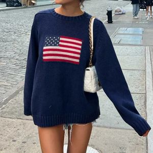 Women's Women Flag Sweaters Vintage Casual Long Sleeve Crew Neck Loose Fit Knit Pullover Jumper Y2k Aesthetic Haruku Autumn