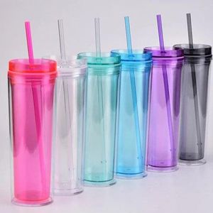 Tumblers Acrylic Skinny Tumbler With Straw 16oz Double Wall Plastic Clear Cups Insulated Milk Drinking Cup For Gifts