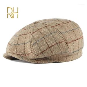 Berets Autumn Winter Vintage Plaid Beret Hats Bawełniana wełna ośmioboczna czapka dla mężczyzn detektyw malarz płaski czapki sboy rh1324Q