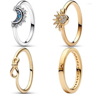 Anéis de cluster autêntico 925 prata esterlina brilho dourado celestial sol e lua eu te amo anel com cristal para mulheres presente moda jóias