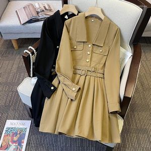 Casual Dresses Rge Size Ladies' Fat Girl Autumn Outfit French Senior Feeling Restoring Ancient Ways Collect Waist Lapels Tooling Pleated