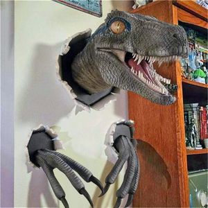 Decorative Objects Figurines Dinosaur Wall Mounted Sculpture 3D Wall Bursting Hanging Dinosaur Head Resin Dinosaur Head With Claws Home Decor 230926