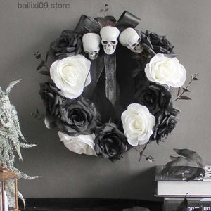 Dekorativa blommor kransar halloween krans för ytterdörr skelett krans hängande dekor svart vit ros skalle krans halloween rekvisita dekoration t230927