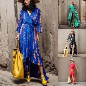 Casual Dresses Boho Tie-Dye Print High midje Tie Beach Long For Women 2023 V Neck Lace Up Wrap Dress Bikini Cover Cardigan Vestidos