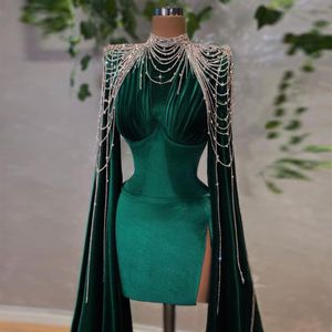 2022 Fashion Short Prom Dresses Side Split Beading Tassels Luxury Evening Dress Women Formal Wear Velour Party Gowns248b