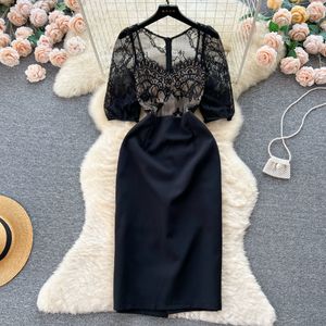 French Temperament Goddess Fan Celebrity style Perspective Lace Panel Black Dress Shows Thin Temperament Waist Long Dress