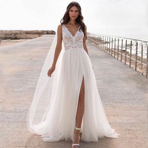 Hollow Print lace V-Neck Wedding Dress Backless High Fork Sleeveless A-Line Beach Gown for Bride customization