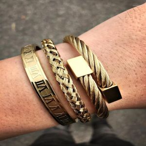 Urok Bracelets 3pcs Ustaw luksusową bransoletkę bransoletki ze stali nierdzewnej rzeźbią rzymską parę cyfrową dla mężczyzn biżuteria12229