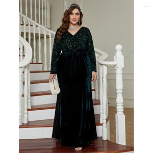 Plus size vestidos com decote em v solto veludo lantejoulas maxi vestido grande elegante luxo verde escuro elegante longo para mulher