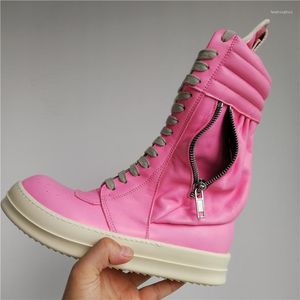 Boots Pink Motorcycle For Women Men Genuine Leather Mid-Calf Winter Riding Lace Up Zip Flat 75#55f50
