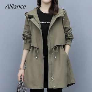 Womens Trench Coats Spring and Autumn Midlength Coat Hooded Zipper Tiein Jackets British Style Loose Clothing 230927