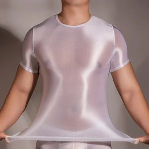 Męskie koszulki męskie olej błyszcząca T-shirt błyszcząca gładka koszulka seksowna obcisła widok przez krótkie topy o szyi koszule gej męski gym joga sport