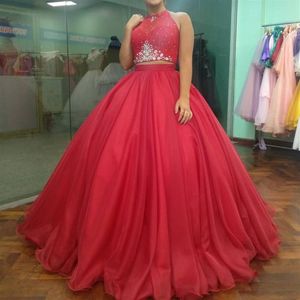 Sparkly Ball Gown Quinceanera Dress Sexy Open Back Two Piece Halter Lace up Crystal Sweet 16 Dresses Girls 15 Birthday Gowns198W