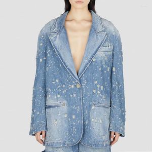 Ternos femininos femininos oversized angustiado denim blazer entalhado único botão solto casual jean jaquetas casaco