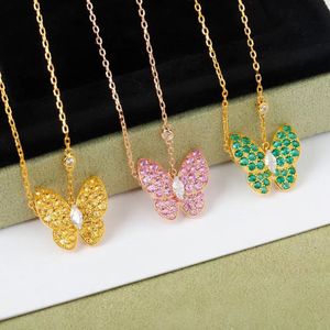 18K gold luxury cute butterfly designer charm pendant necklace love sweet pink green yellow crystal diamond cross chain elegant choker necklaces jewelry