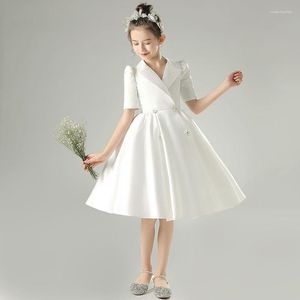 Girl Dresses Toddler White Satin Formal Suit Flower Dress For Wedding Birthday Communion Ceremonial Jubille Gown Junior Kids