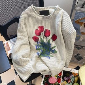 Kadın Sweaters Kadın Kazak Vintage Lale Baskı Sonbahar Kış Outu Outth Full Loosde Moda Kızlar Örgü Top Mori Kız