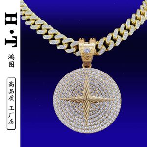 Hip-hop men's Cuban chain full diamond personalized round four pointed star pendant hiphop rock jewelry