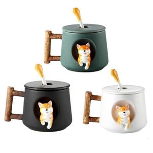 Tazze Decorazione della casa Simpatico cartone animato Animale Shiba Inu Tazza in ceramica Creativo Natale Regalo di San Valentino Coppia con coperchio Cucchiaio Tazza da caffè296B