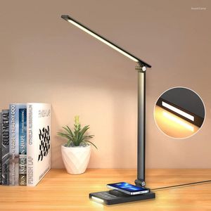 Bordslampor LED Wireless Lamp 10W Qi Dimble Foldble Desk med Night Light Multifunktionell belysningsplugg för hem/kontor