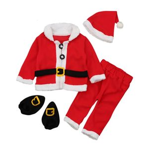 Giyim setleri Baywell 4pcs/set yeni doğan erkekler Noel kostüm bebek polar ceket+pantolon+şapka+ayakkabı peluş peluş Noel Baba kıyafetleri 3-18m 230927