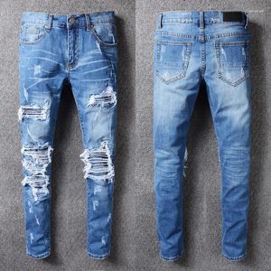 Jeans da uomo American Street Fashion Uomo Retro Blue Stretch Slim Fit Hole Strappato Patch Designer Hip Hop Pantaloni di marca Hombre