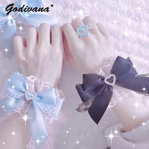 Charme pulseiras estilo japonês meu lolita pulseira doce laço amor coração laço menina strass oversleeves para mulheres