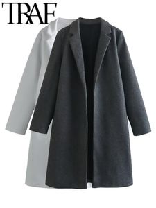 Misturas de lã feminina TRAF Outono Inverno Mulheres Sobretudo Y2K 2023 Grosso Manga Longa Aberta Frente Solta Jaqueta Feminina Trench Coat Cinza Branco Outwear 230926