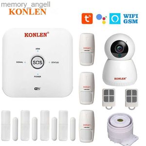 Система тревоги Konlen Tuya Wi -Fi GSM Система сигнализации беспроводной датчик дверей Детектор дыма IP -камера Alexa Smart Life App для домашней безопасности YQ230927