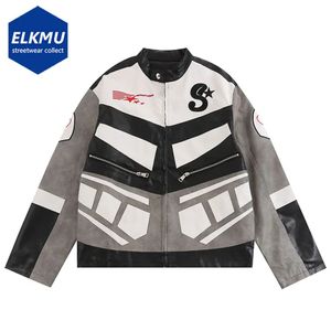 Herrläder faux läder punk lether jacka män streetwear hip hop hajujuku överdimensionerade jackor zip-up coat broderi lapptäcke lös läderjacka y2k 230927