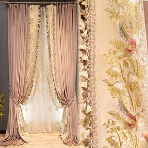 Curtain Pink Velvet Embroidery Stitching Thickened Shading Curtains for Living Room Bedroom Dining Villa High Window Customization 230927