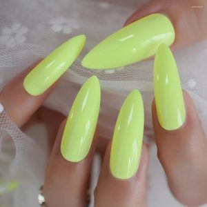 False Nails Long Shiny Sharp Stiletto Fake Nail Full Cover Fluorescence Green Artificial Tips Acrylic Solid Color